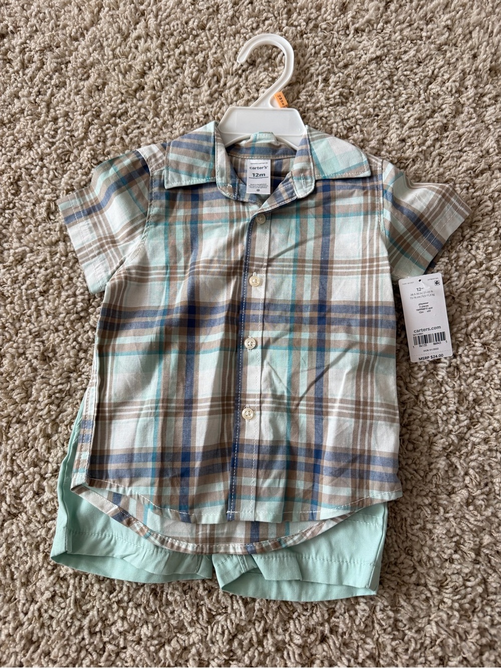 Baby Boy Carter's Mint Plaid Button-Down Short Sleeve Shirt & shorts - NWT